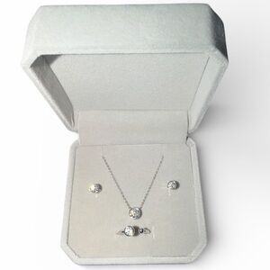 Solid 925 Silver Moissanite Earrings, Necklace w/Pendant, Adjustable Ring